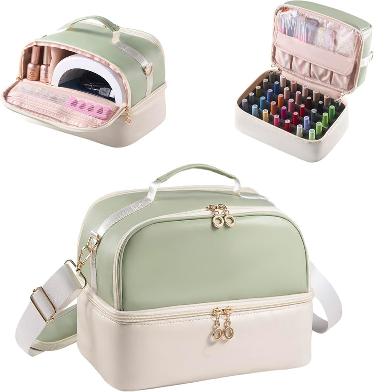 Nail Polish Organizer Holds 35 Bottles & Nail Lamp, Nail Organizers and Storage, Double Layer Nail Bag with Handle & Shoulder Strap for Travel, Nail Supplies Organizer for Manicure Kit (Green+Beige)