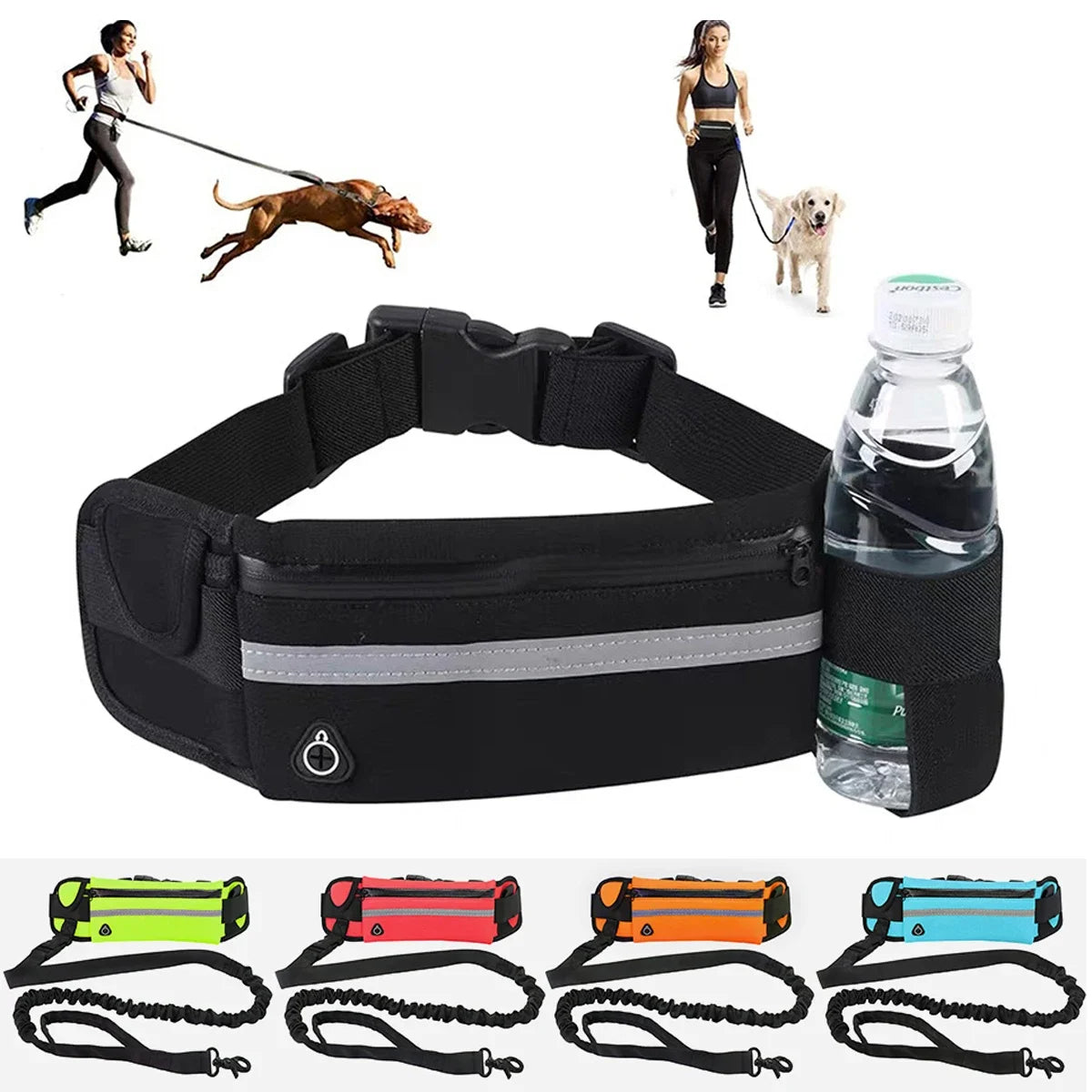 Black hands-free dog leash waist pack with reflective strip, bottle holster and bungee leash in five colors