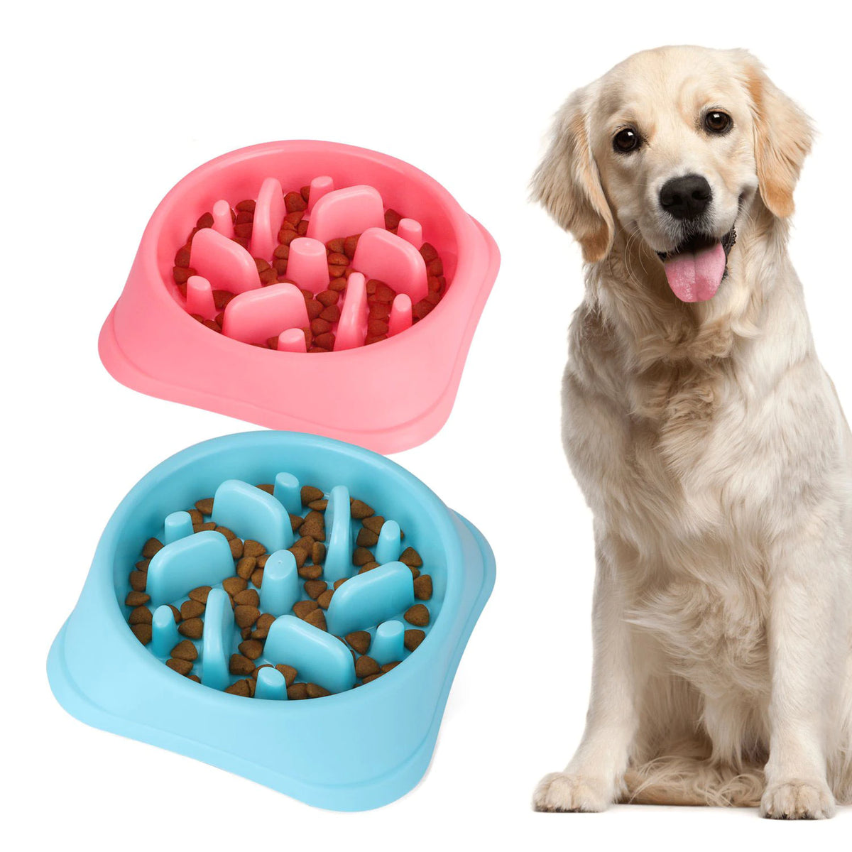 Two slow feeder dog bowls with raised maze sections next to a golden retriever