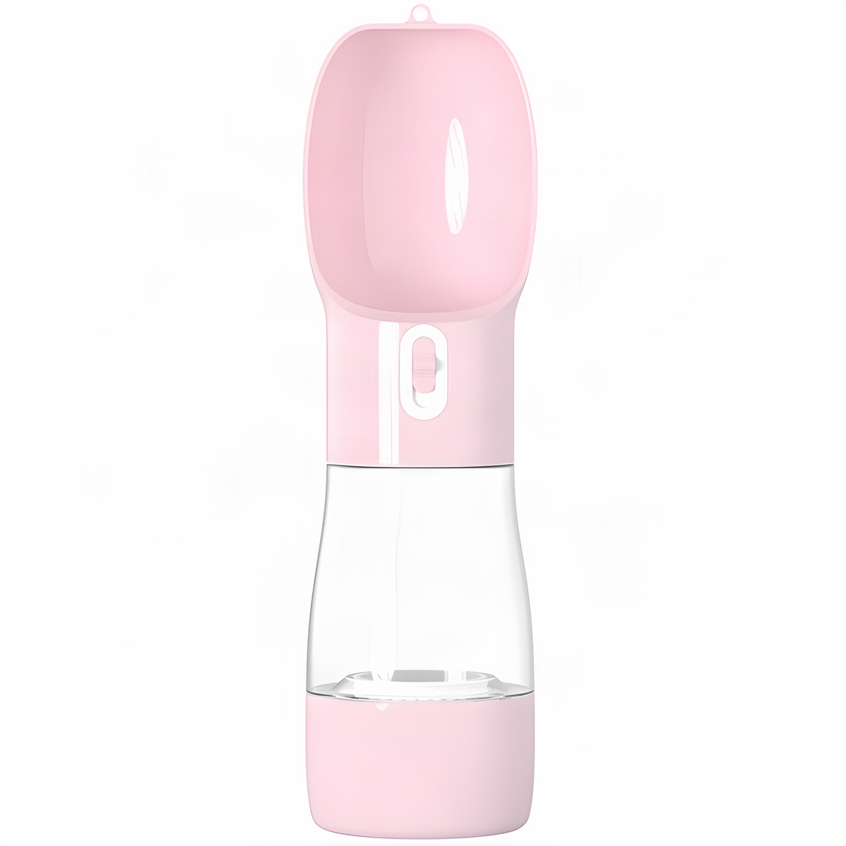 Pink portable dog water bottle with drinking tray and attached food container