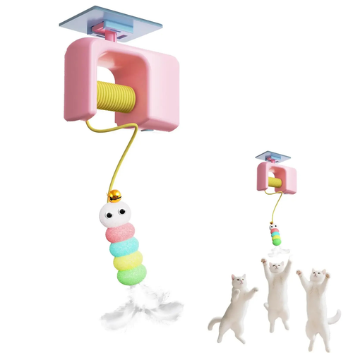 Pink automatic hanging cat teaser toy with a colorful lure on a cord, and cats playing
