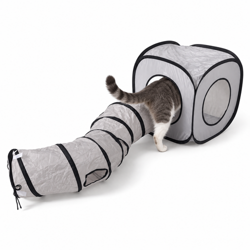 Cat entering a light gray collapsible tunnel connected to a cube hideaway