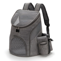 Gray pet carrier backpack with a mesh front window and side pocket