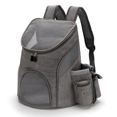 Gray pet carrier backpack with a mesh front window and side pocket