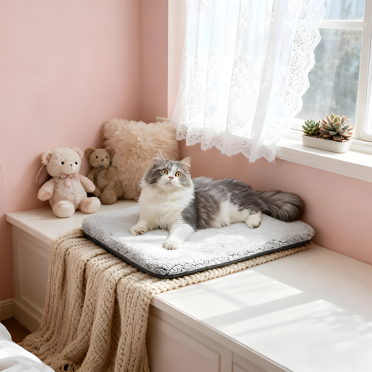 Gray and white cat lying on a self-warming pet mat on a window seat